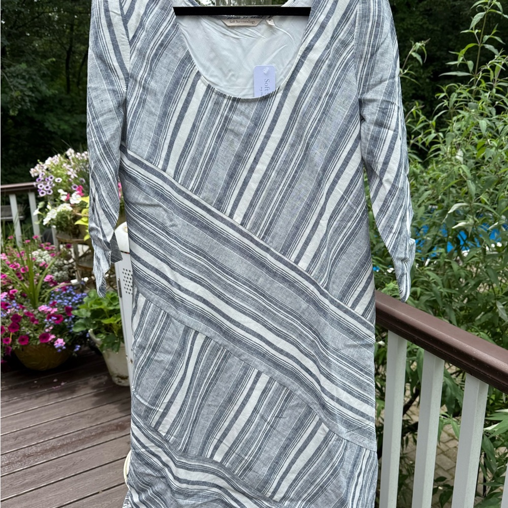 NWT Soft Surroundings Gray and White Linen Sheath Dress with 3/4 Sleeves